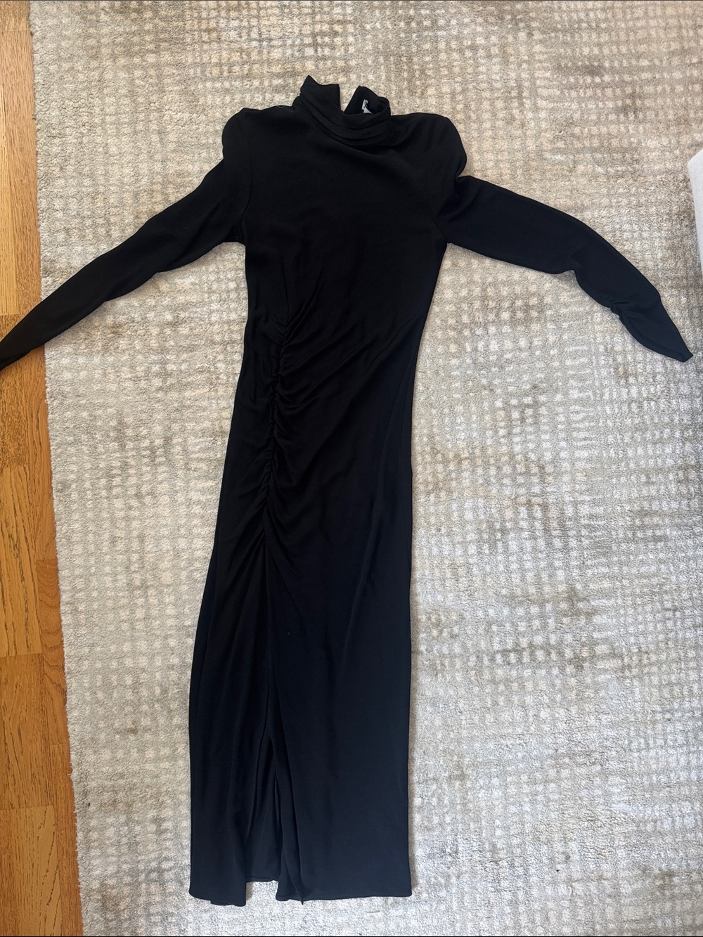 Black Long Sleeve Turtleneck Ruched Maxi Dress